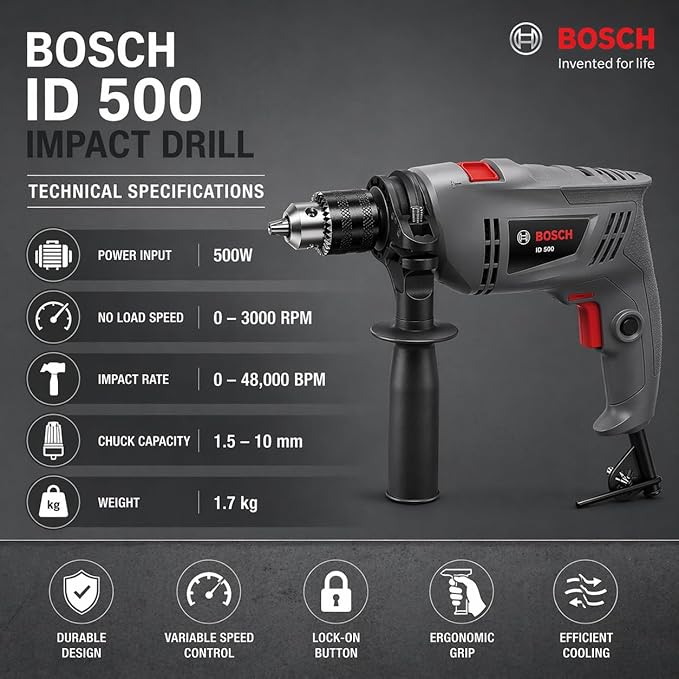 Bosch Professional STANDARD LINE ID 500 Impact Drill, 500W, 10mm Chuck, 3000 RPM, 1.7kg| 6 Months Warranty