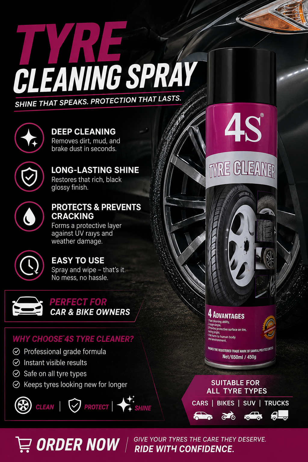 4S Tyre Cleaning Spray – Deep Clean, Shine & Protect (650ml)