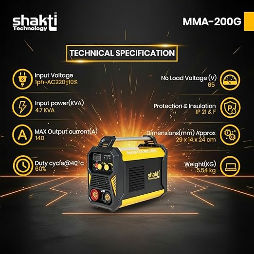 Shakti MMA-200G 200A IGBT Inverter ARC Welding Machine | Hot Start & Anti-Stick | Heavy Duty Single Phase Welder