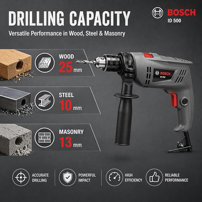 Bosch Professional STANDARD LINE ID 500 Impact Drill, 500W, 10mm Chuck, 3000 RPM, 1.7kg| 6 Months Warranty