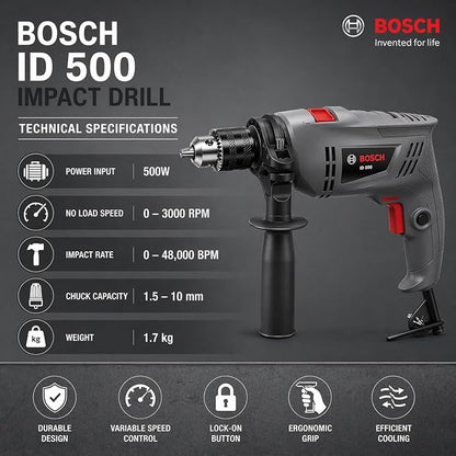 Bosch Professional STANDARD LINE ID 500 Impact Drill, 500W, 10mm Chuck, 3000 RPM, 1.7kg| 6 Months Warranty