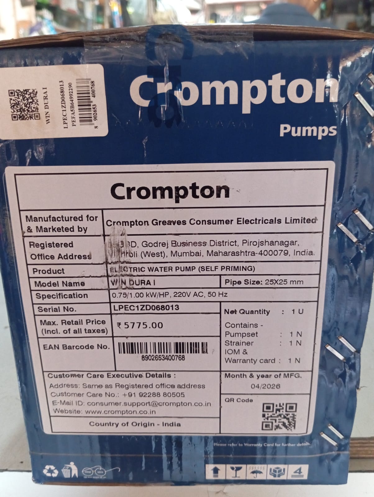 Crompton WIN DURA I 1HP Self Priming Water Pump | Anti Rust & Anti Jam | 25x25mm Electric Water Pump