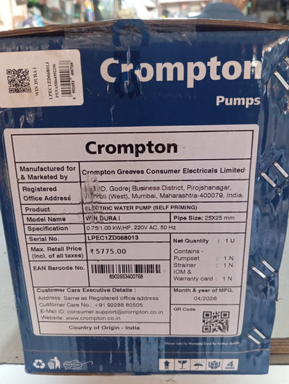 Crompton WIN DURA I 1HP Self Priming Water Pump | Anti Rust & Anti Jam | 25x25mm Electric Water Pump